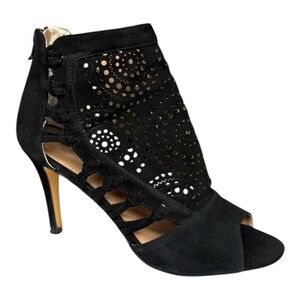 Wendy Williams Black Laser Cut Leather Heeled Sandals 7.5W EUC